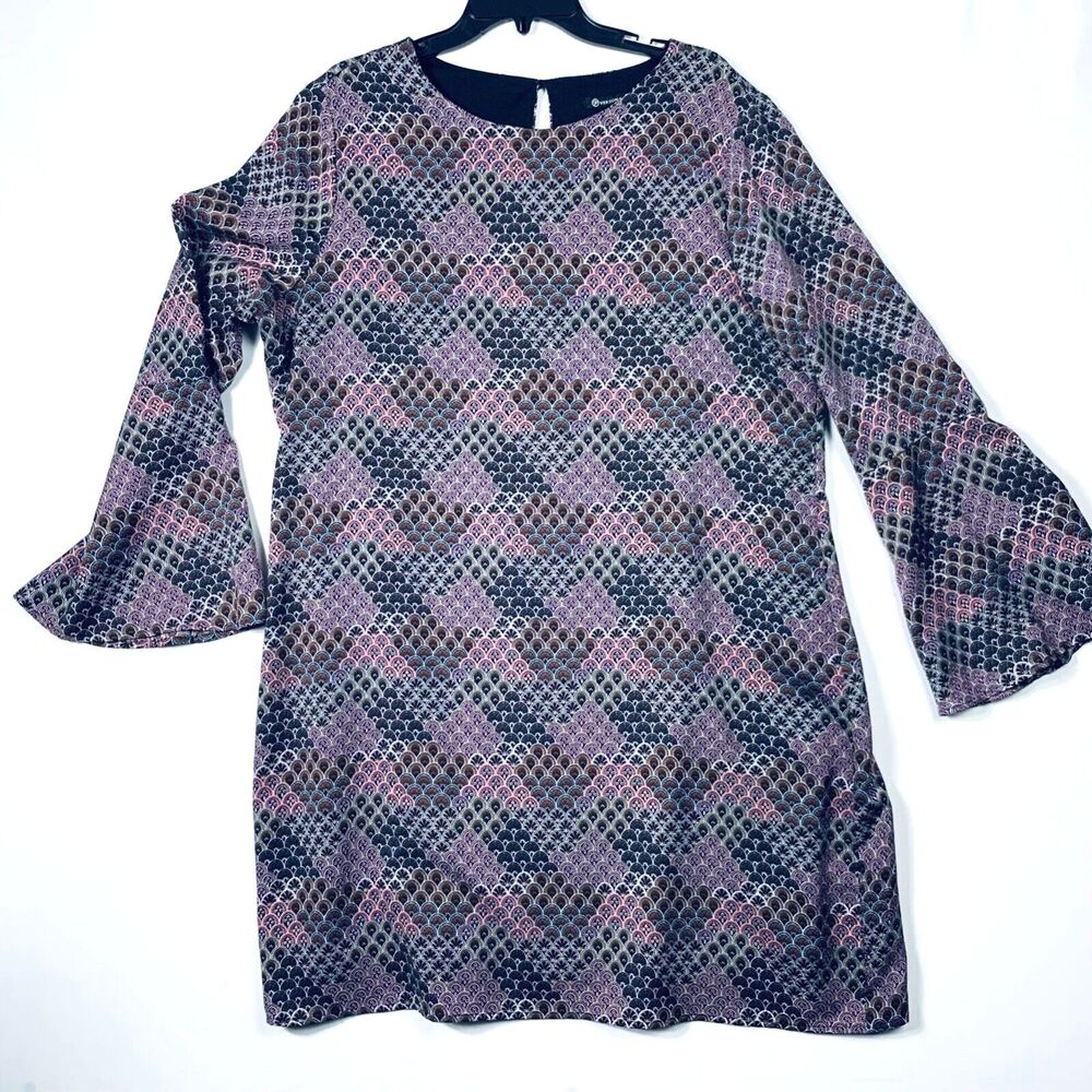 Versona Dress Womens XL Multi Colored Blue Vintage Boho Bell Sleeve Stretchy